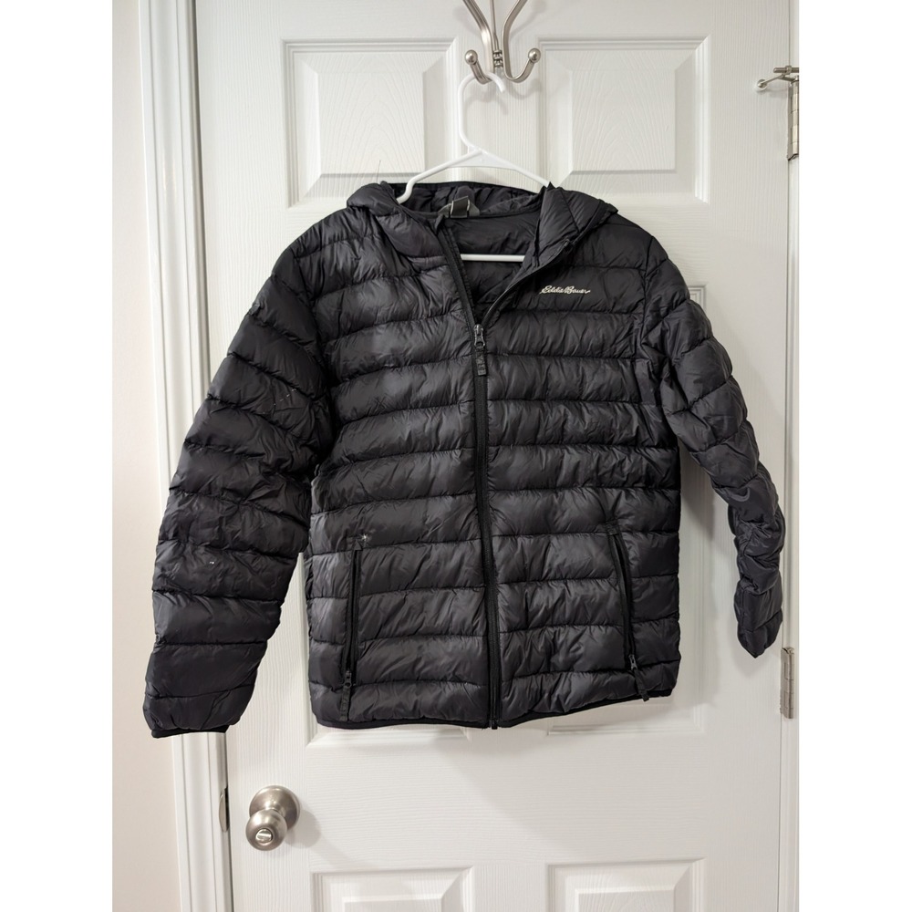 Eddie Bauer, Kids XL 16, CirrusLite Down Hooded Puffer Jacket, Black Lightweight